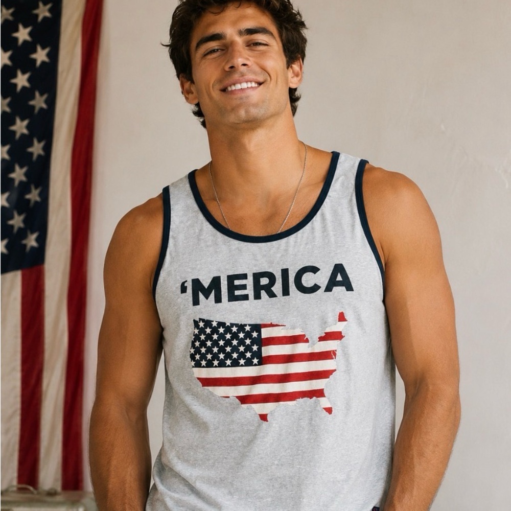 Brooklyn Cloth 'Merica Tank Top - Gray with Navy Trim and Red/White/Blue Graphic